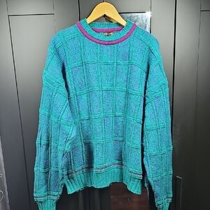 Vintage 90s Colours by Alexander Julian Teal Purple Grid Knit Cotton Sweater XL